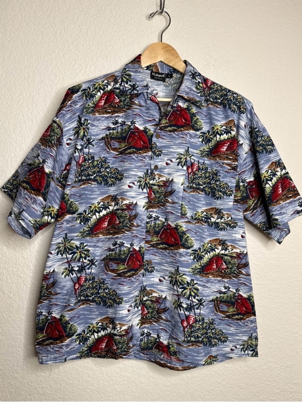 Vintage Hutspah Hawaiian Shirt Sailboat Island Print Men's L Made in USA